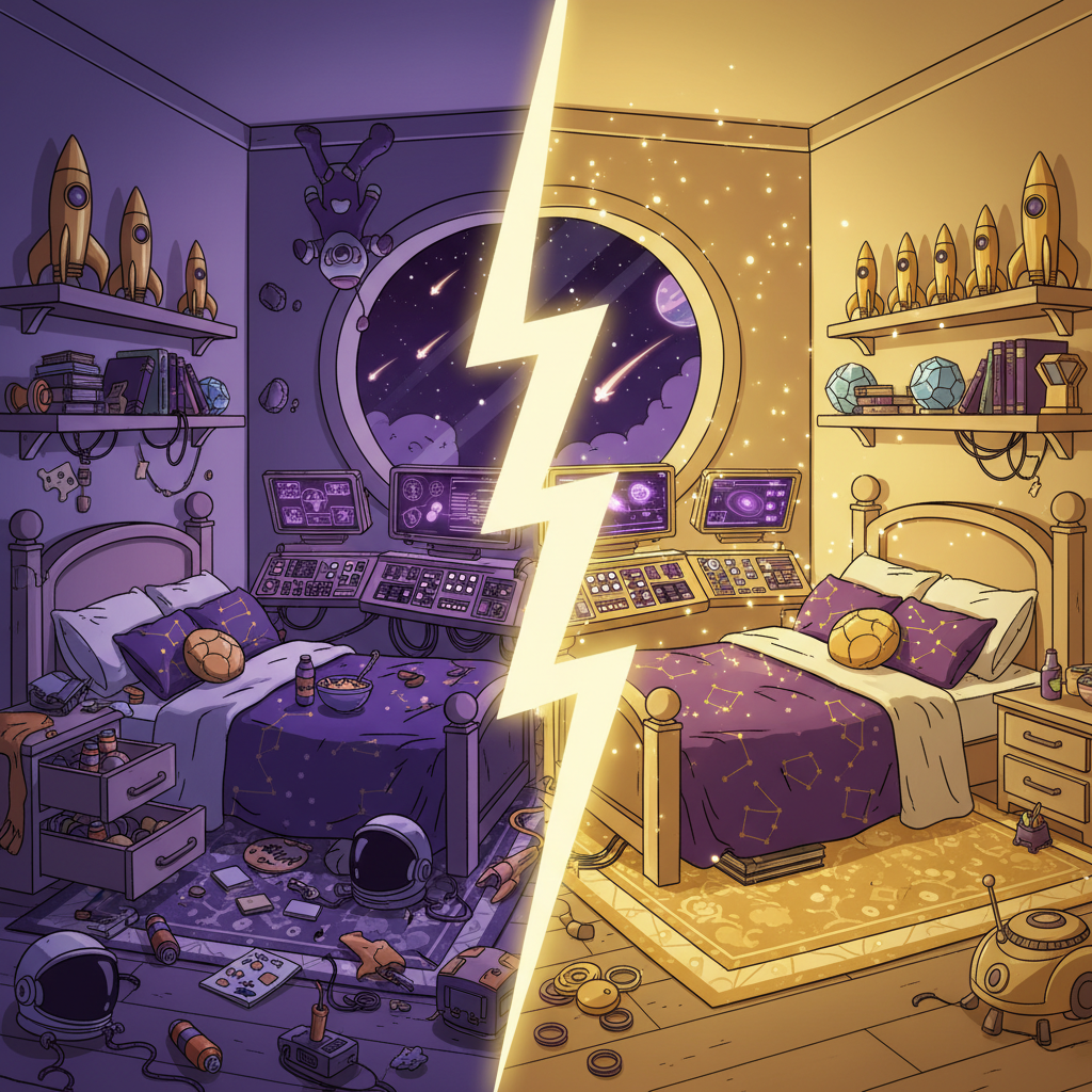 Messy room transforming into a clean mission-complete room